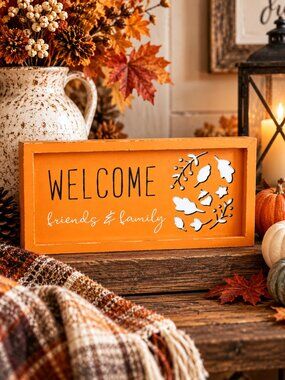 Fall Autumn Welcome Friends & Family Orange Wood Sign Shelf Sitter Wall Décor